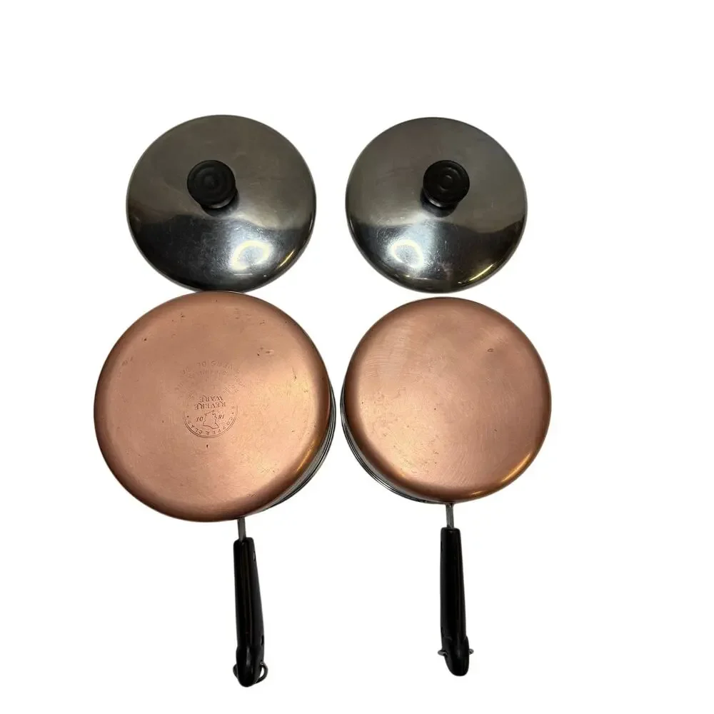 VTG Revereware 1801 copper bottom sauce pan pot Set 2 with lids Riverside USA